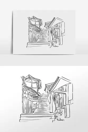 古建筑线描老街古街