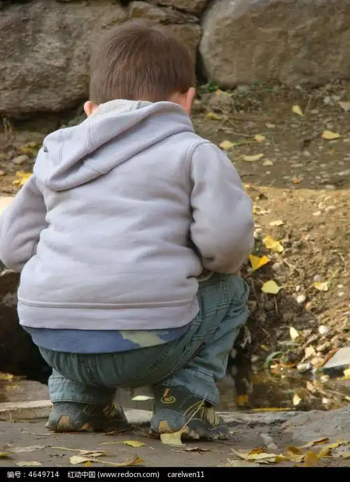 蹲下看叶子的孩子的背影