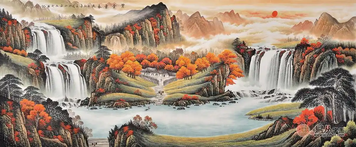 至尊聚宝盆 国画家李林宏山水画作品《紫气东来》作品来源:易从网