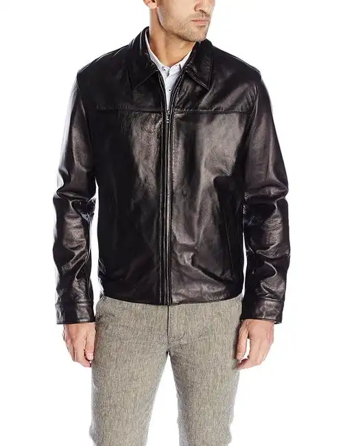 cole haan 签名男式光滑小羊 skin 衬衫领皮夹克