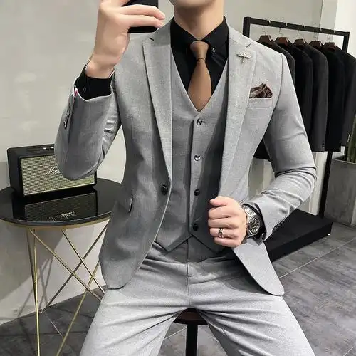 孟康mengkang休闲大码男装纯色西服套装男士三件套修身帅气新郎结婚