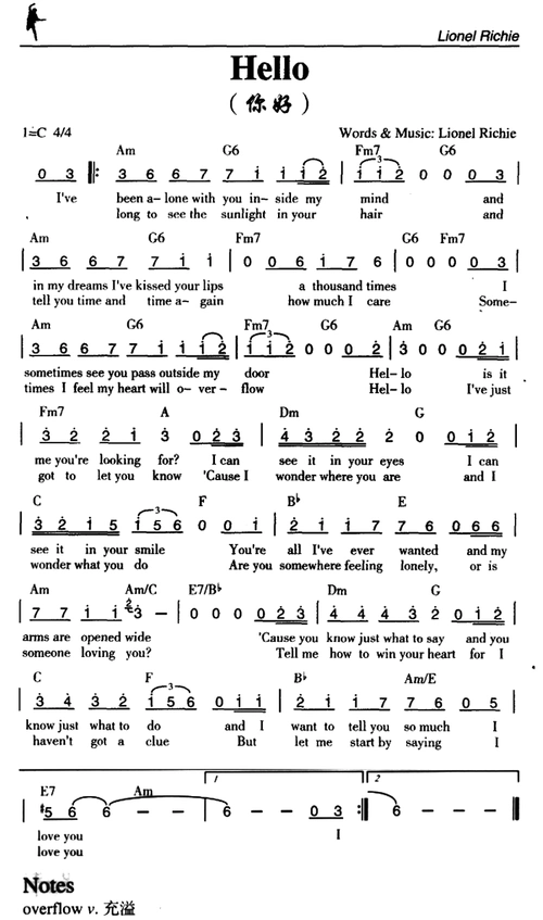 hello 你好 歌谱 简谱