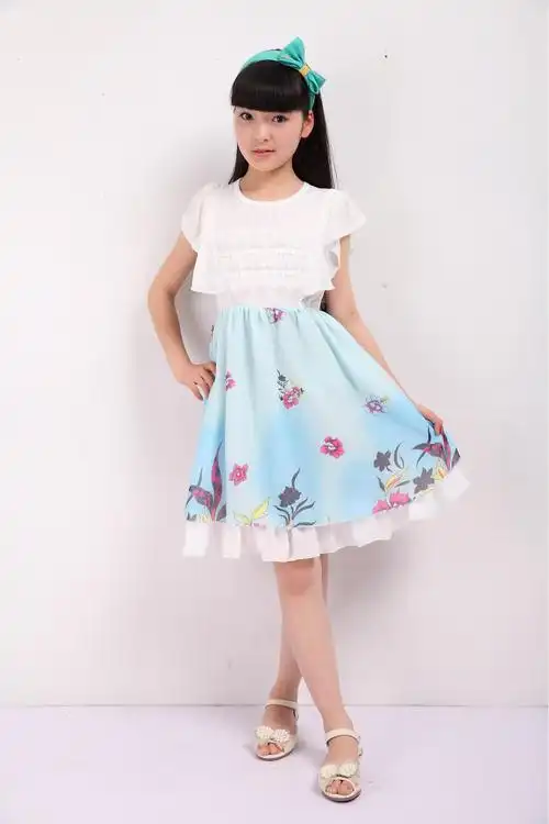 中大童连衣裙 时尚雪纺牡丹花印花中大童连衣裙批发 7-12岁 女童