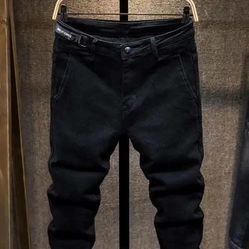 yuansu冬季黑色牛仔裤男磨毛薄绒加厚保暖修身小脚裤男士休闲长裤子男