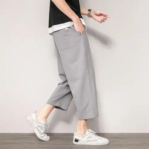 裤子男士夏季薄款棉麻八分休闲裤宽松阔腿宽松男裤直筒七分裤男