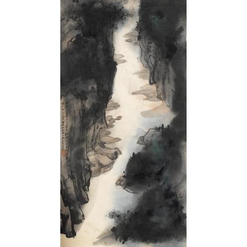 张大千小桥流水图国画山水竖幅原大高清微喷复制版画客厅玄关中式