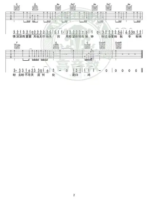 杨胖雨《情深深雨蒙蒙》吉他谱c调精华版 高音教编配 猴哥吉他教学