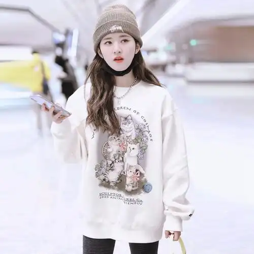 明星赵露思同款衣服2021新款秋季圆领印花卡通猫咪白色长袖女上衣