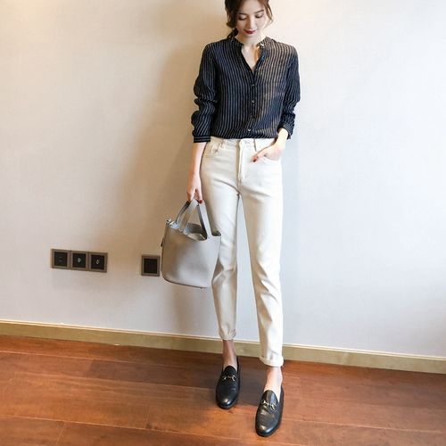 2020 牛仔裤米白色小直筒女士休闲宽松显瘦百搭九分裤裤