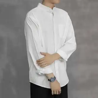 介迈薄款亚麻立领衬衫男士长袖潮流加肥大码衫胖子宽松休闲百搭衬衣无