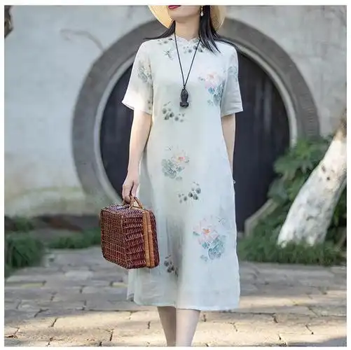 非实拍#国风文艺苎麻荷花印花改良旗袍裙立领盘扣清新气质连衣… - 17