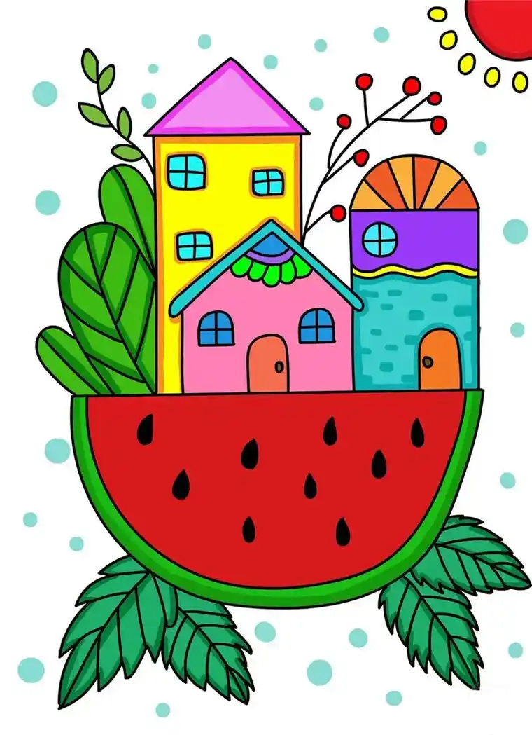西瓜房子儿童简笔画教程,简单又好看, - 抖音