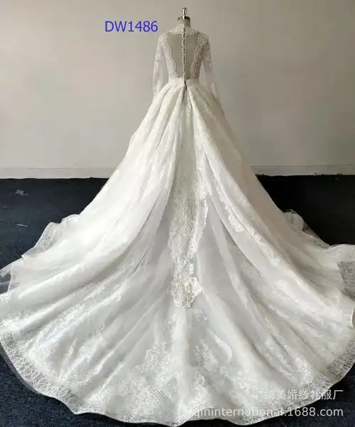 穆斯林米白色长袖深蕾丝v领a字裙新娘结婚婚纱礼服