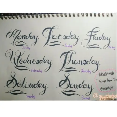 手绘字体手帐星期英文星期的花体