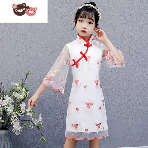 绿彩虹光女童旗袍夏季中国风儿童唐装改良薄款小女孩红色古筝演出服