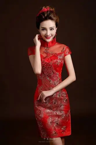 菲格菲依 红色时尚金丝凤凰刺绣短款新娘旗袍-picture0