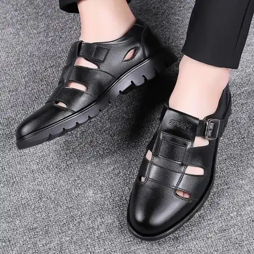 新款男夏季男鞋真皮男士皮凉鞋中老年爸爸凉鞋休闲软底沙滩鞋镂空凉