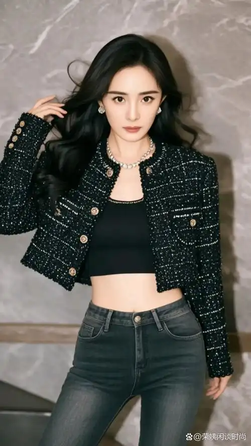 杨幂今日穿搭好 chic,小香风外套搭配紧身牛仔裤,时尚感满分!