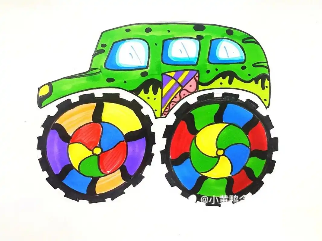 大脚车儿童画 #马克笔# #卡通画# #儿童画# #大脚车画# #汽车儿童画