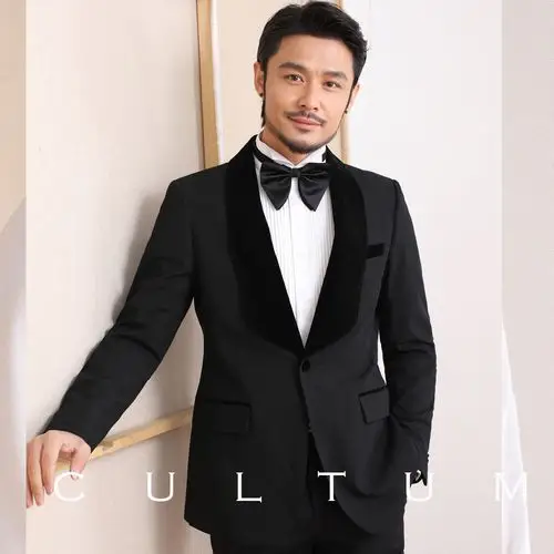 韩版金丝绒单排修身婚礼宴会结婚新郎西服套装西服