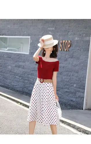 2019夏季女新款一字肩上衣波点半身裙两件套套裙配腰带70217p125