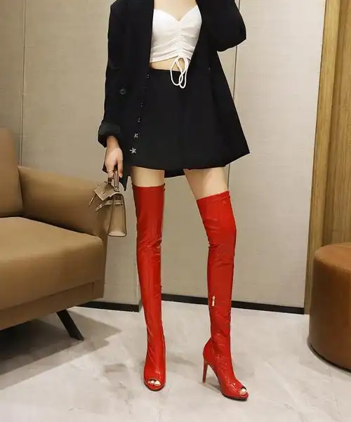 欧美钢管舞超高跟鞋细跟夜场恨天高长筒靴子漆皮鱼嘴过膝凉靴大码