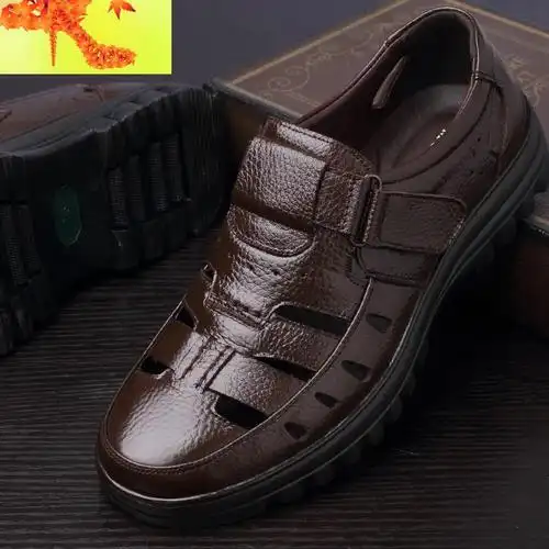 男皮凉鞋真皮透气镂空男士皮鞋中老年爸爸鞋中年老人鞋男凉鞋夏季简畅