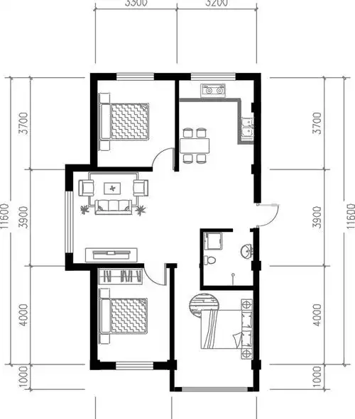 98㎡三室两厅一卫户型装修效果图 三室两厅一卫平面户型装修效果