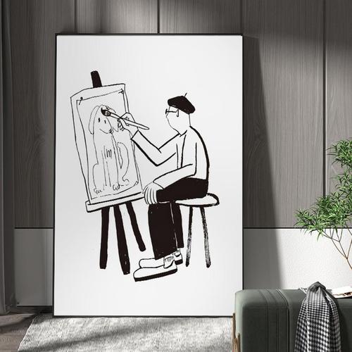韩国艺术家我的爱人和狗美好生活方式装饰画黑白线条极简插画艺术