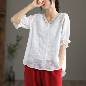 特价捡漏女装苎麻短袖t恤女衬衫夏季新款休闲百搭v领棉麻上衣宽松气质