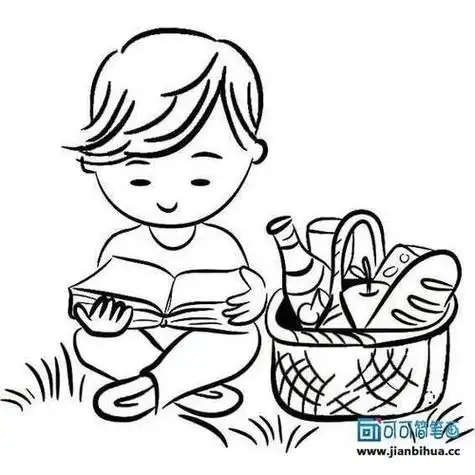 坐在树下读书的小男孩简笔画
