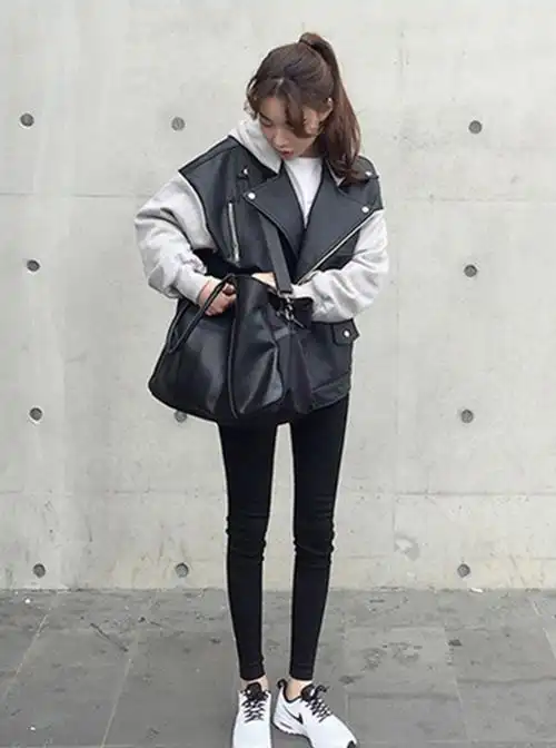 2018秋冬新款韩版宽松拼接皮衣连帽卫衣长袖机车加厚pu皮夹克短外套女