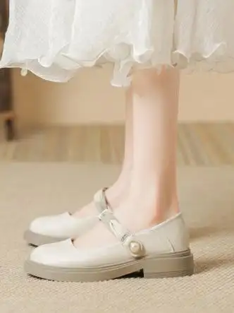 女款今年新款轻便透气单鞋玛丽珍配裙软皮凉鞋新中式汉服鞋子杏色34