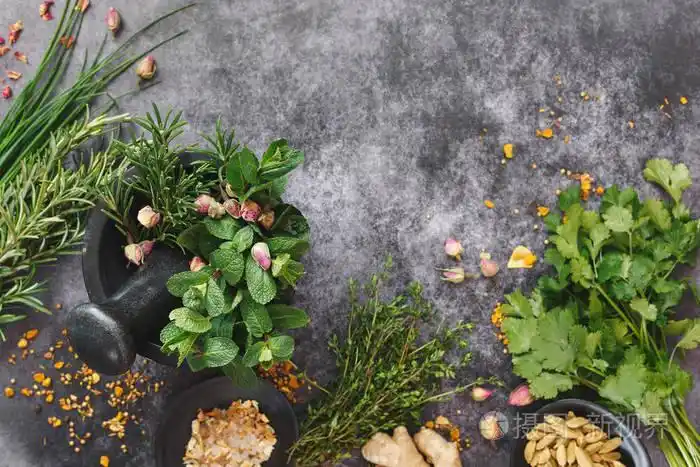 芳香的新鲜草本和香料在灰浆在黑暗的背景.顶部视图, 空白区域