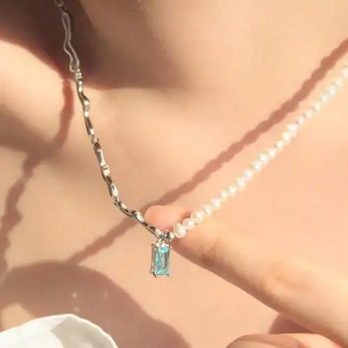 为晚设计师款流光晚风系列蓝钻拼接珍珠项链女纯银简约气质颈链