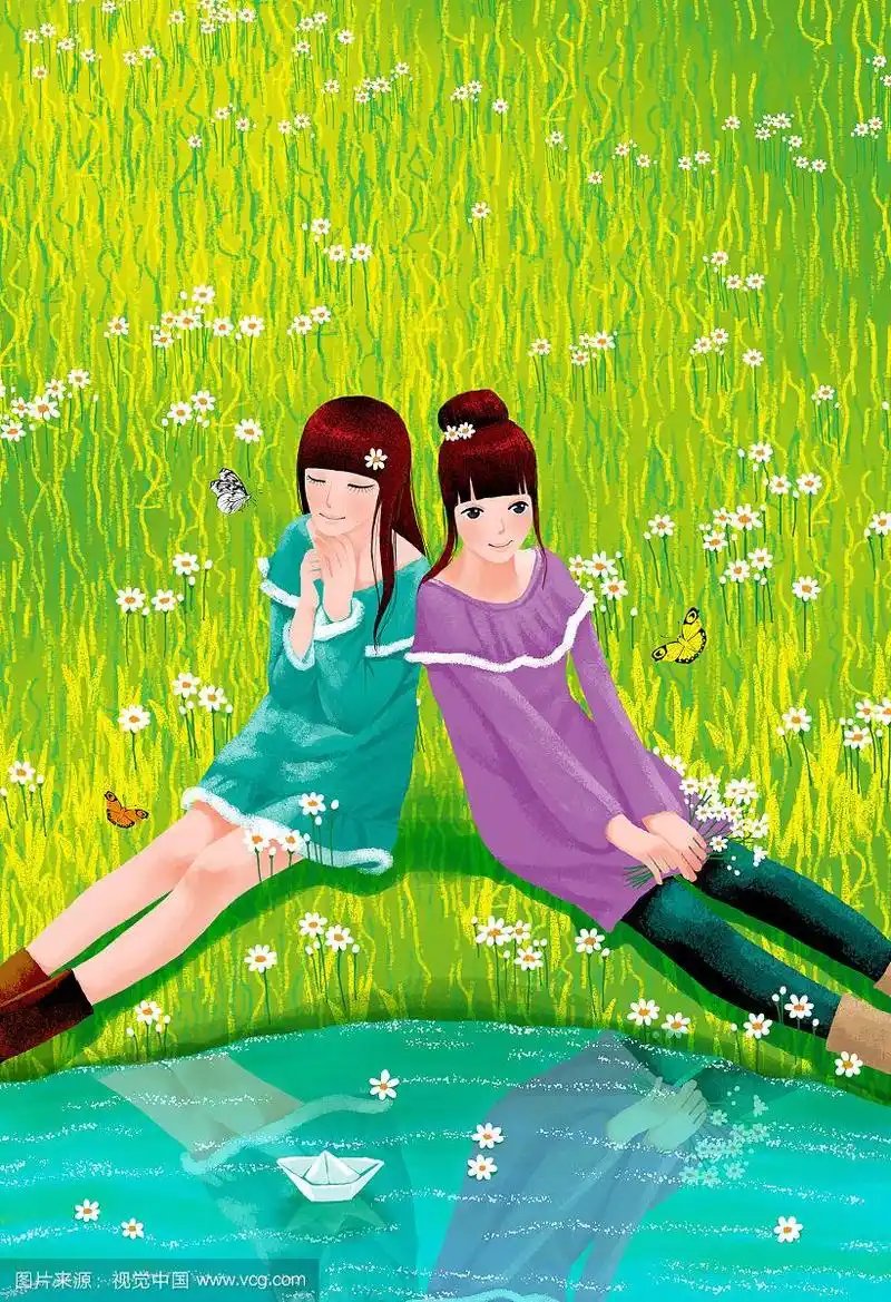 博览唯美插画系列-两个女孩在湖边