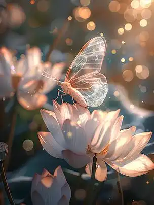 一只透明翅膀的蝴蝶停在荷花上