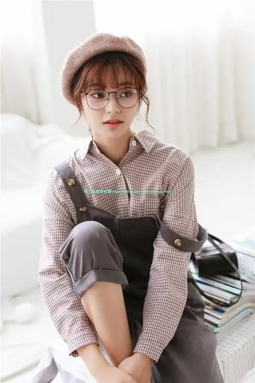 港风格子衬衫女春季新款韩国复古港风文艺百搭宽松休闲翻领小格子长袖