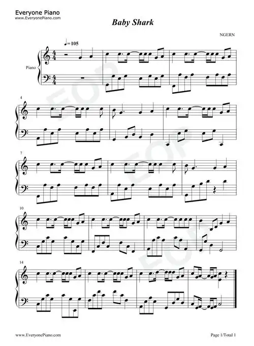 babyshark鲨鱼宝宝c调简单版五线谱预览1