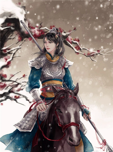 雪中女将军骑马古风插画图片