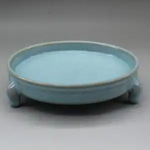 宋汝窑天青釉三足水洗古董古玩瓷器仿古摆件收藏