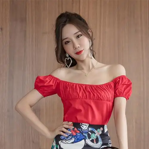 锁骨一字肩上衣女夏短款露脐露肩甜美超仙休闲海边度假性感小衫05