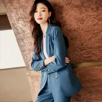 特洛曼蓝色西装套装女商务时尚洋气休闲职业女装小西服面试正装上班族