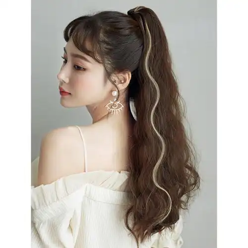 高马尾假发女长卷发羊毛卷中长款抓夹自然烫发卷发挑染马尾辫浅棕色