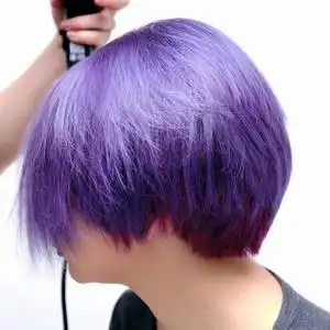 坐在框架中间的白色背景上,身上有湿紫色和短发