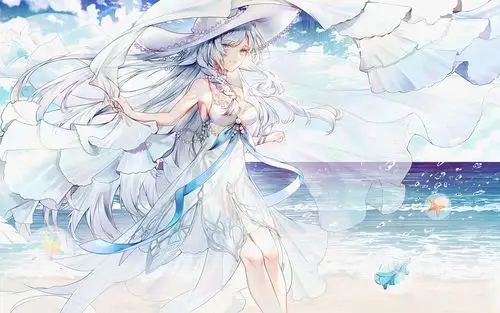 二次元海边的白裙女孩桌面壁纸