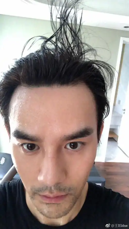 王凯晒运动后素颜自拍 后脑勺头发高高竖立超抢镜