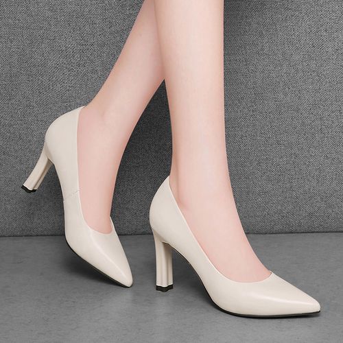 白色真皮高跟鞋女鞋细跟春秋2021年新款时尚职业单鞋
