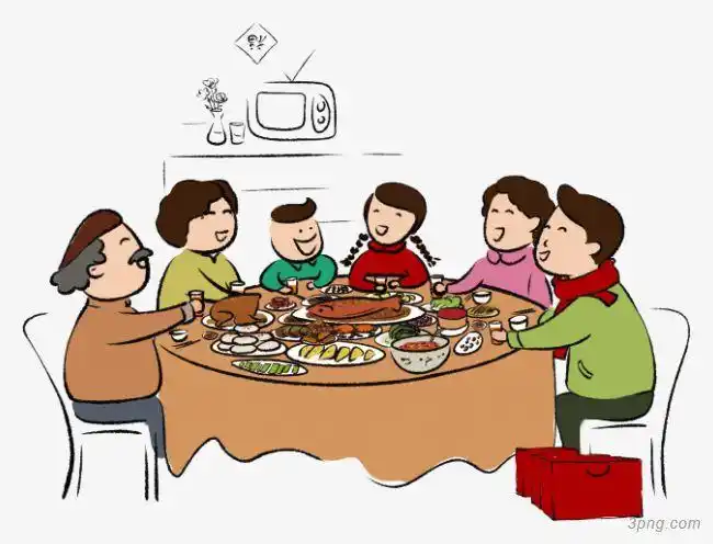 坐在一起吃饭的一家人