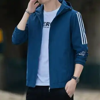 外套男修身休闲连帽夹克春夏季青少年运动服潮流外衣学生蓝色2xl